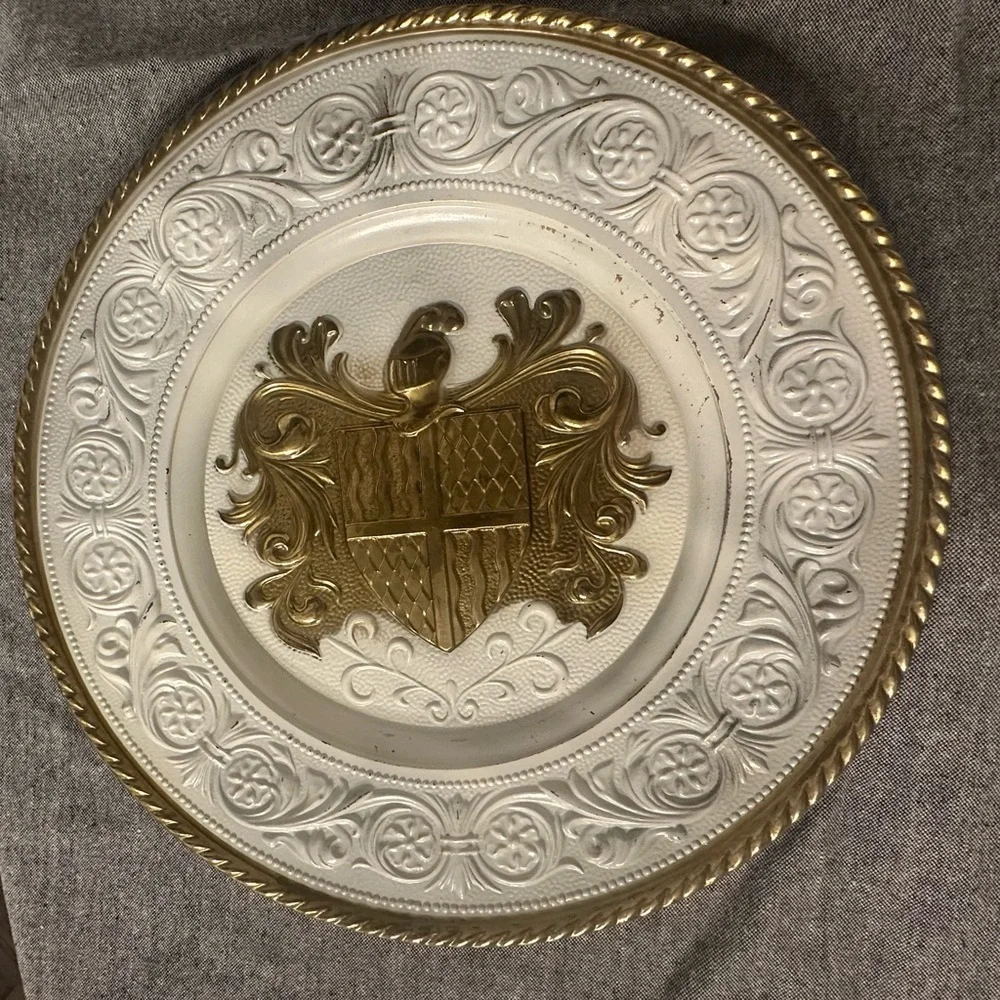 Elegant Brass / White Shield Coat of Arms Wall Plaques. Set of 2
